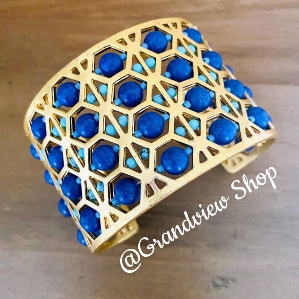 Stella & Dot Abacus Gold and Blue Cuff - Picture 2 of 7